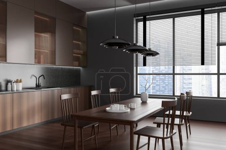 Photo for Corner view on dark kitchen room interior with dining table, chairs, panoramic window, cupboard, grey wall, hardwood floor, sink, cooking inventory, shelves. Concept of minimalist design. 3d rendering - Royalty Free Image