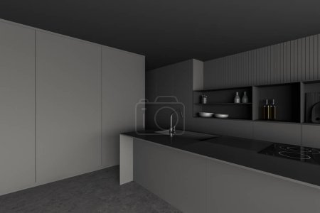 Foto de Dark kitchen interior with bar island, sink and stove with modern kitchenware on shelf. Dark cooking corner with grey minimalist design. 3D rendering - Imagen libre de derechos