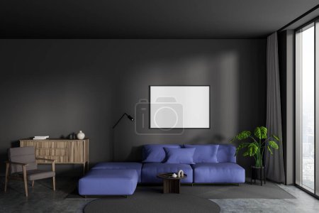 Téléchargez les photos : Front view on dark living room interior with empty poster, grey wall, couch, armchair, concrete floor, panoramic window. Concept of minimalist design. Place for meeting. Mock up. 3d rendering - en image libre de droit