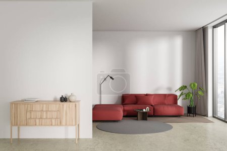 Foto de White living room interior with drawer, partition and red sofa on carpet, beige concrete floor. Panoramic window on city view. Mockup copy space empty wall. 3D rendering - Imagen libre de derechos