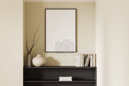 Photo for Cozy gallery room interior with shelf and minimalist art decoration with books. Mock up canvas poster on beige wall. 3D rendering - Royalty Free Image