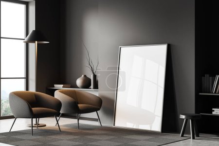 Téléchargez les photos : Dark relaxing interior with two armchairs and art decoration on shelf, side view panoramic window. Large mockup canvas poster on grey concrete floor. 3D rendering - en image libre de droit