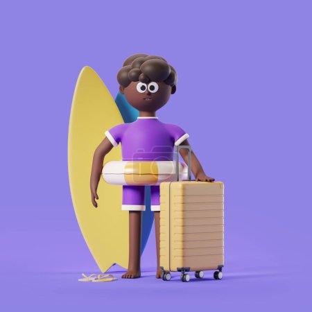 Foto de Hombre de dibujos animados negro con maleta y diferentes accesorios de playa sobre fondo púrpura. Concepto de vacaciones y viajes. Renderizado 3D - Imagen libre de derechos