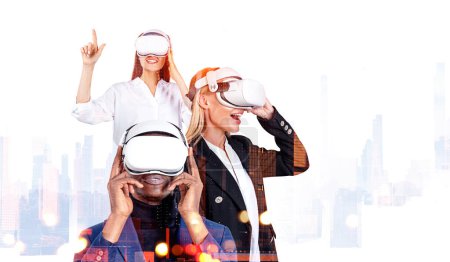 Photo for Business people wearing formal wear and vr googles watching at metaverse reality. City skyscrapers. Concept of futuristic technology, virtual reality and progressive people in business - Royalty Free Image