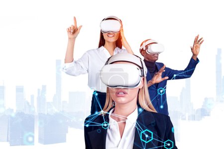 Foto de Business people in formal wear and vr headset watching at metaverse reality. City skyscraper in background. Concept of modern technology and progress in business, virtual reality, digital hologram - Imagen libre de derechos