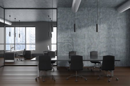 Photo for Front view on dark office room interior with conference board, large panoramic window, armchairs, grey wall, wooden floor. Concept of minimalist design. Place for meeting. 3d rendering - Royalty Free Image
