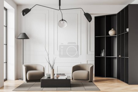 Photo for White living room interior with two armchairs and coffee table on carpet, hardwood floor. Relaxing area with panoramic window and shelf in the corner. 3D rendering - Royalty Free Image