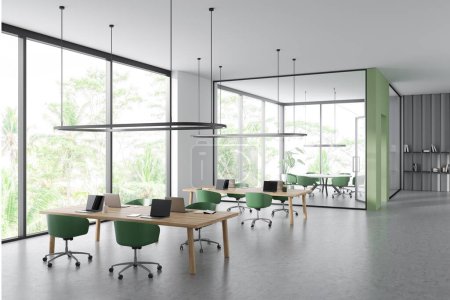 Photo for White business interior with coworking and conference room behind glass doors, side view. Shelf with decoration, laptop computer and panoramic window. 3D rendering - Royalty Free Image