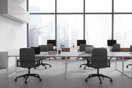 Foto de White business interior with table, armchairs and laptop. Workspace with pc computer on desk in row near panoramic window on Singapore skyscrapers. 3D rendering - Imagen libre de derechos