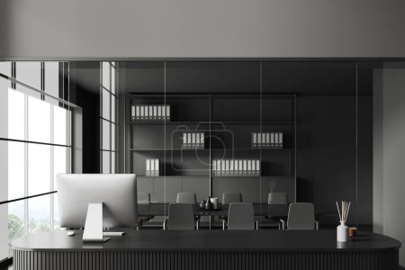 Photo for Front view on dark office room interior with meeting board, table, desk, desktop, panoramic window with Singapore view, shelf with folder, concrete floor. Concept of conference hall. 3d rendering - Royalty Free Image