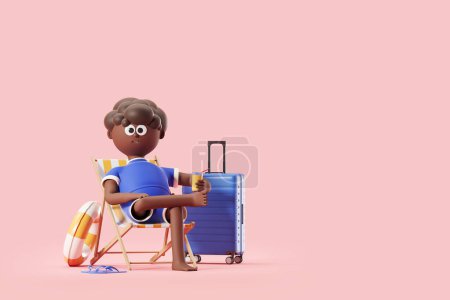 Foto de Black cartoon man relaxing in a lounge chair with a cocktail in hand, suitcase and rubber ring. Empty copy space pink background. Concept of tour and holiday. 3D rendering - Imagen libre de derechos