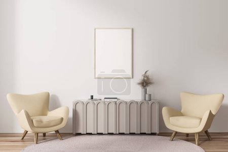 Foto de Interior blanco relajante con dos sillones suaves y aparador con decoración, alfombra en suelo de madera. Zona de salón con póster de lona simulada. Renderizado 3D - Imagen libre de derechos