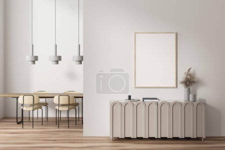Foto de Front view on bright dining room interior with empty white poster, dining table with armchairs, wooden floor, plant, sideboard. Concept of minimalist design. Place for meeting. Mock up. 3d rendering - Imagen libre de derechos