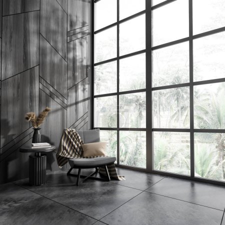 Foto de Interior de la sala de estar oscura con sillón suave, mesa de centro vista lateral con decoración minimalista. Rincón relajante moderno con ventana panorámica en los trópicos. Renderizado 3D - Imagen libre de derechos
