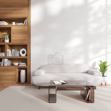 Foto de Bright living room interior with empty white wall with sofa, coffee table with books, bookshelf. Concept of spacious place made for creative idea and art exhibition. 3d rendering - Imagen libre de derechos