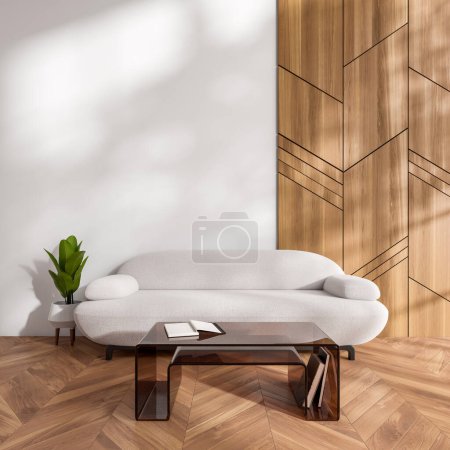 Téléchargez les photos : Stylish living room interior with sofa and coffee table with books, hardwood floor. Mockup copy space empty wall. 3D rendering - en image libre de droit