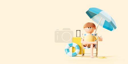 Foto de Hombre de dibujos animados relajándose en un sillón con un cóctel en la mano, maleta y accesorios de playa. Espacio de copia vacío fondo beige. Concepto de vacaciones. Renderizado 3D - Imagen libre de derechos