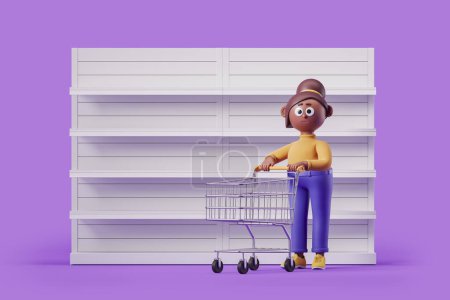 Foto de Dibujos animados mujer africana de pie con un carrito de compras en el supermercado, fondo púrpura. Concepto de entrega y compra en línea. Renderizado 3D - Imagen libre de derechos