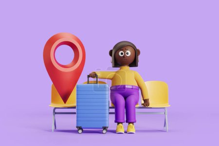 Téléchargez les photos : Black cartoon woman with suitcase in waiting area, big geo tag and purple background. Concept of check in, navigation and destination. 3D rendering - en image libre de droit