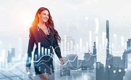 Photo for Businesswoman smiling and walking, double exposure of New York Manhattan, stock market candlesticks and forex diagrams. Concept of finance and analysis - Royalty Free Image