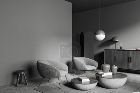 Photo for Dark living room interior with two armchairs, side view, coffee table and wooden drawer with decoration. Modern lounge corner. Mockup empty grey wall, 3D rendering - Royalty Free Image