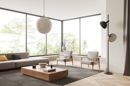 Photo for Beige relax room interior with sofa and two armchairs, side view, coffee table with decoration on carpet, hardwood floor. Panoramic window on tropics. 3D rendering - Royalty Free Image