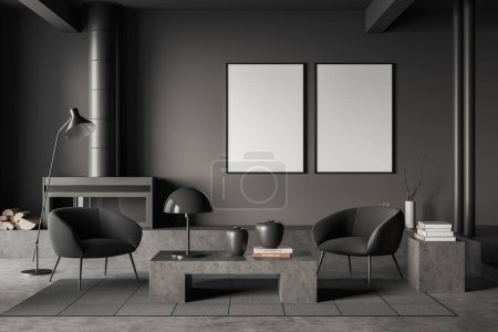 Photo for Dark living room interior in apartment, two armchairs and coffee table, fireplace, carpet on dark grey hardwood floor. Two mock up blank posters. 3D rendering - Royalty Free Image