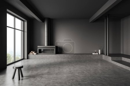 Téléchargez les photos : Studio intérieur sombre avec sol en béton gris, vue de face, appartement vide à aire ouverte avec cheminée et tabouret. rendu 3D - en image libre de droit