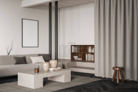 Photo for Bright living room interior in apartment, sofa and coffee table, bookshelf, carpet on dark grey hardwood floor. Mock up blank poster. 3D rendering - Royalty Free Image