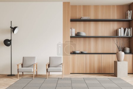 Photo for Beige living room interior with two armchairs, wooden shelf with art decoration on rack, stand with vase and carpet on hardwood floor. Mockup empty wall, 3D rendering - Royalty Free Image