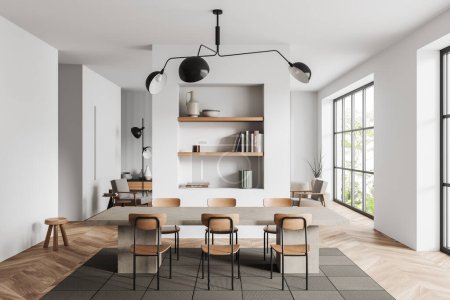 Photo for Studio apartment interior with chairs and dining table, chill space behind shelf with decoration, front view, hardwood floor. Panoramic window on tropics. 3D rendering - Royalty Free Image