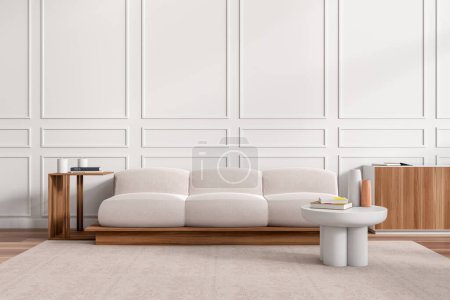 Foto de White living room interior with sofa, coffee table on carpet, stand and wooden dresser with decoration. Cosy lounge zone in luxury apartment, 3D rendering - Imagen libre de derechos