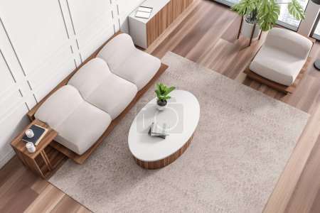 Photo for Top view of white living room interior with sofa, coffee table on carpet, hardwood floor. Drawer with decoration near window on city view. 3D rendering - Royalty Free Image