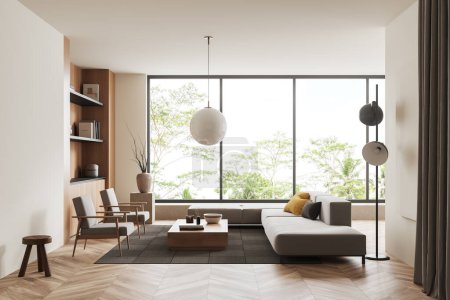 Photo for Beige living room interior with sofa and two armchairs, coffee table with decoration on carpet, hardwood floor. Panoramic window on tropics. 3D rendering - Royalty Free Image