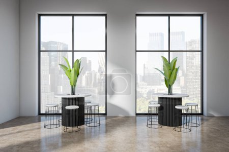 Foto de Cafe interior with bar chairs and table with plant. Restaurant dining space on beige concrete floor. Panoramic window on New York city view. 3D rendering - Imagen libre de derechos