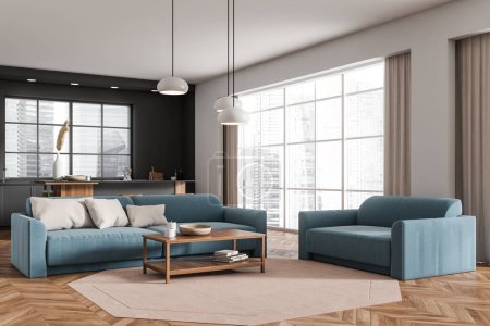 Téléchargez les photos : Stylish studio interior with sofa and coffee table, side view, panoramic window on Singapore city view. Cooking space with kitchen appliances in living room, hardwood floor. 3D rendering - en image libre de droit