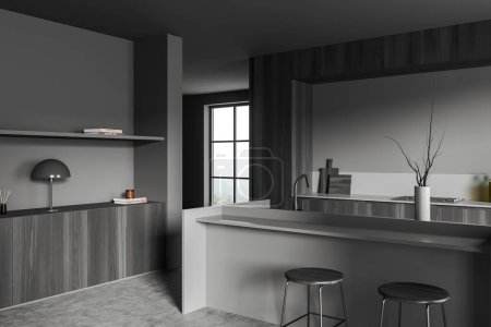 Photo for Dark kitchen interior with bar chairs and countertop, side view, drawer with decoration and window on countryside. Cooking area with grey concrete floor. 3D rendering - Royalty Free Image