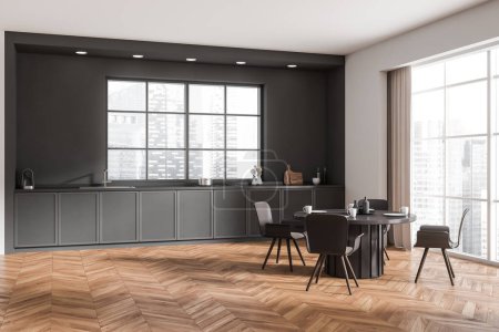 Photo for Dark kitchen interior with dining table, chairs on hardwood floor. Cooking space, side view, panoramic window on Singapore city view. 3D rendering - Royalty Free Image