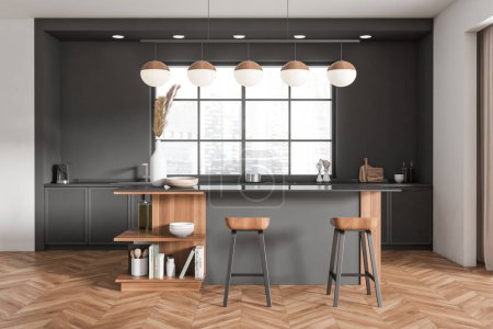 Foto de Interior de la cocina de madera con sillas de bar y encimera, piso de madera. Menaje de cocina con decoración. Zona de cocina con ventana panorámica a la ciudad. Renderizado 3D - Imagen libre de derechos