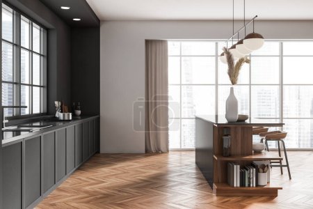 Photo for Modern kitchen interior with bar chairs and countertop, side view, hardwood floor. Kitchenware with decoration. Cooking space with panoramic window on city view. 3D rendering - Royalty Free Image