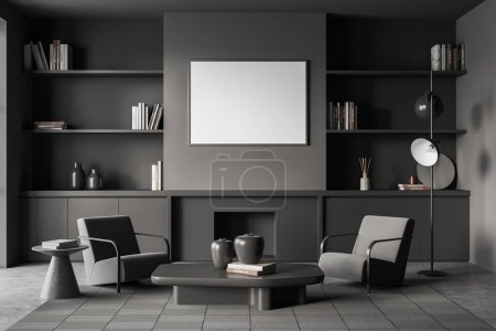 Téléchargez les photos : Dark living room interior with two armchairs and coffee table, fireplace and shelf with decoration, carpet on grey concrete floor. Mock up blank poster. 3D rendering - en image libre de droit