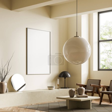 Photo for Beige living room interior with two armchairs, coffee table and podium with decoration, side view, carpet on grey concrete floor. Panoramic window on tropics. Mock up blank poster. 3D rendering - Royalty Free Image
