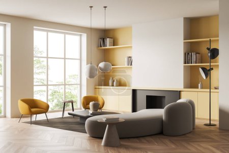 Téléchargez les photos : Light living room interior with sofa and armchairs, side view, carpet on hardwood floor. Panoramic window on tropics. Fireplace and shelf with decoration. Mockup empty wall. 3D rendering - en image libre de droit