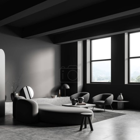 Téléchargez les photos : Dark living room interior with sofa, two armchairs, coffee table with decoration, side view, panoramic window on countryside. Mockup empty grey wall, 3D rendering - en image libre de droit