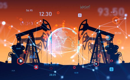 Foto de Quarrying oil and earth sphere with connection lines, data icons, drilling rig and sunset. Concept of worldwide economy and mining - Imagen libre de derechos