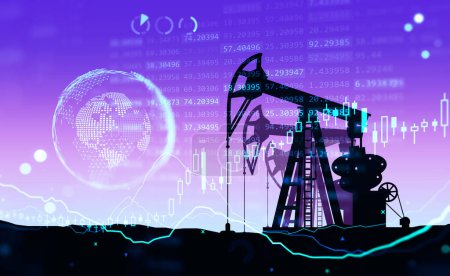 Photo for Quarrying oil and earth hologram with stock market data, forex hud with numbers chart and candlesticks. Concept of mining and analysis - Royalty Free Image