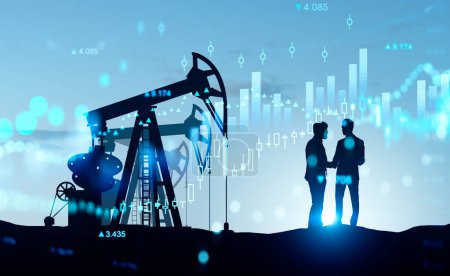 Photo for Two businessman talking near drilling rig and stock market, forex hud with numbers and candlesticks. Financial data with chart and analysis. Concept of mining and teamwork - Royalty Free Image