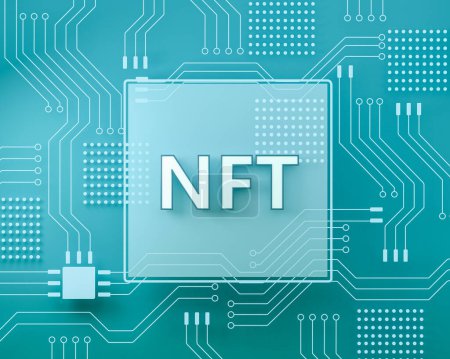 Photo for NFT and computer processor microchip, light green background. Circuit lines, CPU and blockchain. Concept of cryptocurrency. 3D rendering - Royalty Free Image