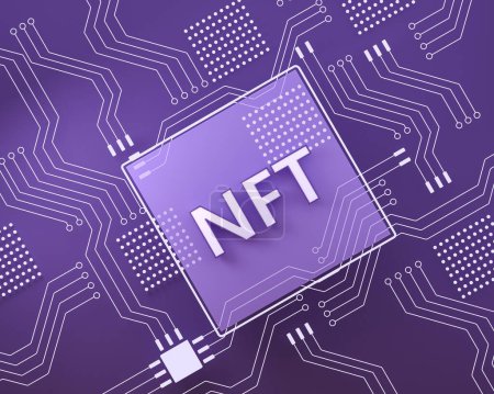 Photo for NFT and computer processor microchip, bright purple background. Circuit lines, graphics card and blockchain. Concept of mining and cryptocurrency. 3D rendering - Royalty Free Image