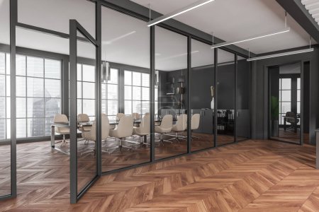 Téléchargez les photos : Dark business room interior with conference space behind glass doors, armchairs and board on hardwood floor. Meeting area and panoramic window on Singapore city view. 3D rendering - en image libre de droit